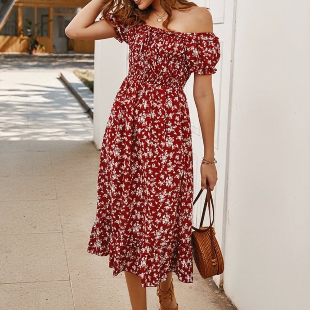 Off-Shoulder Floral Midi Dress in Burgundy by